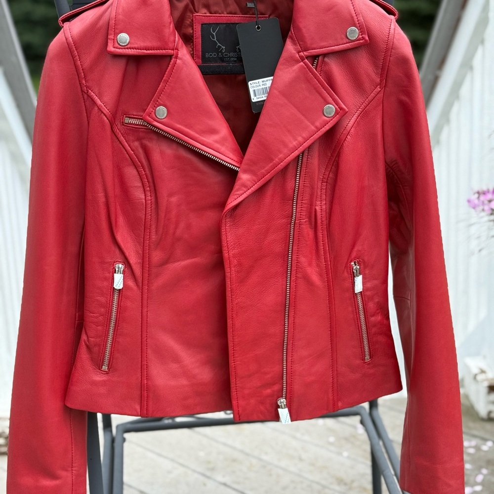 Red Leather Motorcycle Jacket Asymmetrical Design